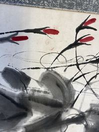 Qi Baishi (1864 - 1957), inkt en kleur op papier, als scroll gemonteerd: 'Klimmende winde'