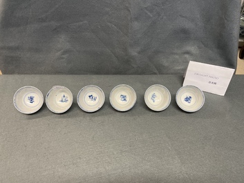 Six Chinese blue and white cups and eight saucers with horseriders, Kangxi