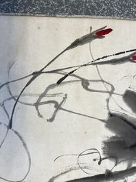 Qi Baishi (1864 - 1957), inkt en kleur op papier, als scroll gemonteerd: 'Klimmende winde'