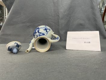 A Chinese blue and white 'Xi Xiang Ji' ewer and cover, Xuande mark, Kangxi