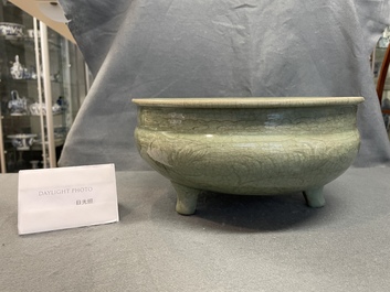 A Chinese Longquan celadon censer with wooden cover and soapstone Buddha finial, Ming