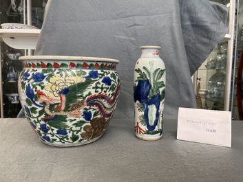 A Chinese wucai rouleau vase and a 'phoenix' censer, Transitional period