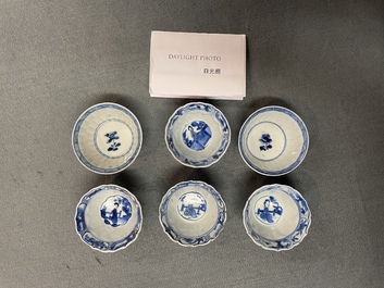 A Chinese blue and white tea caddy, six cups, two saucers and two plates, Kangxi/Yongzheng