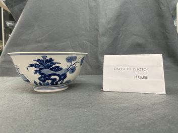 Een Chinese blauw-witte kom met Lange Lijzen, 'Qi Zhen Ru Yu' merk, Kangxi