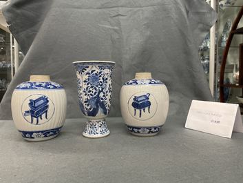 A pair of Chinese blue and white tea caddies and a goblet, Kangxi