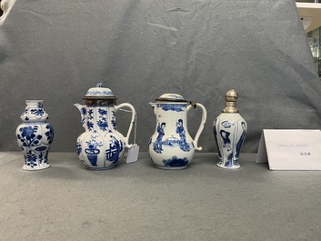 Two Chinese blue and white ewers and covers and two small vases, Kangxi