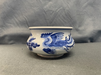 A Chinese blue and white 'dragon and phoenix' censer, Kangxi
