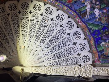 Two Chinese Cantonese painted paper and lacquer fans in plexi mounts, 19th C.