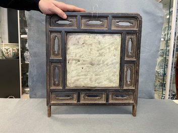 A Chinese square fahua 'Immortals' plaque mounted in a wooden table screen, Ming