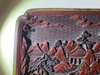 A pair of Chinese black and red cinnabar lacquer square dishes, Qianlong mark and of the period