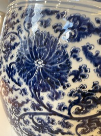 An exceptionally large Chinese blue and white 'lotus scroll' fish bowl, Kangxi