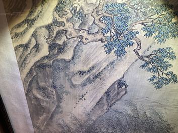 Ecole chinoise, encre et couleurs sur soie, 18/19&egrave;me: 'Buveurs de th&eacute; sur une fleuve'