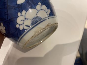 Une paire de jarres et une th&eacute;i&egrave;re couverte en porcelaine de Chine en bleu et blanc, Kangxi