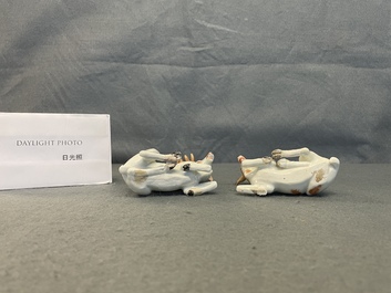 A pair of porcelain models of deer, probably Chelsea, England, 18th C.