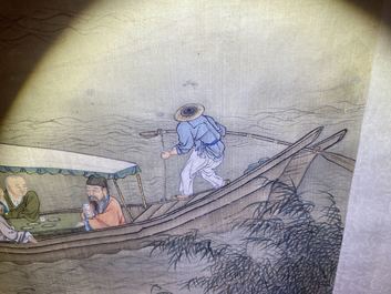 Chinese school, ink and colour on silk, 18/19th C.: 'Tea party on the water'