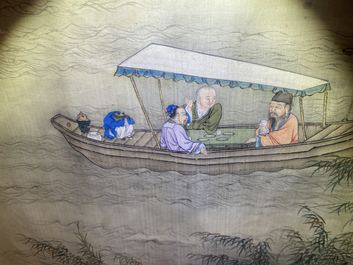Ecole chinoise, encre et couleurs sur soie, 18/19&egrave;me: 'Buveurs de th&eacute; sur une fleuve'