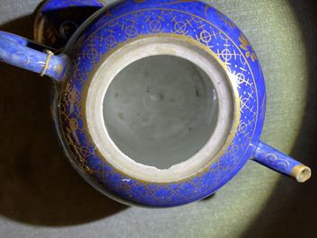 A Chinese gilt-decorated powder blue teapot and one in grisaille, Kangxi/Yongzheng