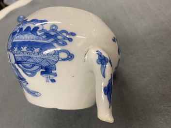A Chinese blue and white teapot and cover with antiquities, Jiajing mark, Kangxi