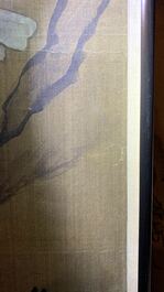 Ecole chinoise, encre et couleurs sur soie, 18/19&egrave;me: 'Quatre oiseaux sur rochers'