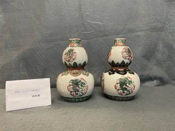A pair of Chinese famille verte double gourd 'dragon' vases, 19th C.