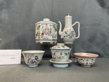 Four Chinese famille rose teapots, three bowls and a caddy, 19/20th C.