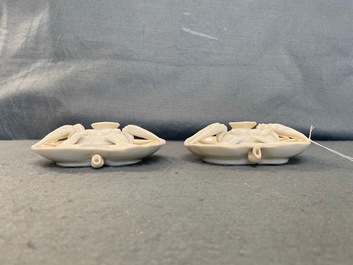 A pair of Chinese Dehua blanc de Chine crab-shaped water droppers, Kangxi