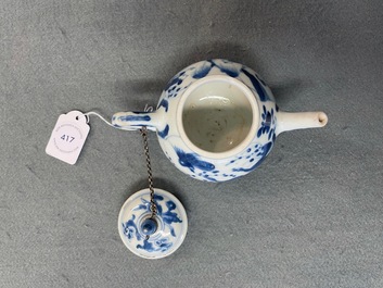 A Chinese blue and white tripod teapot with figures in a landscape, Kangxi