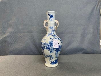 A Chinese blue and white vase with elephant handles, Kangxi mark and of the period