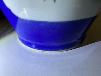 A Chinese famille verte powder blue-ground vase, 19th C.