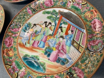 Zes Chinese Canton famille rose borden, 19e eeuw