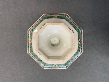 A Chinese octagonal famille verte tazza, Kangxi