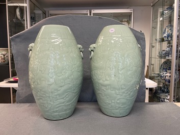 A pair of Chinese monochrome celadon vases, Qianlong mark, 19th C.