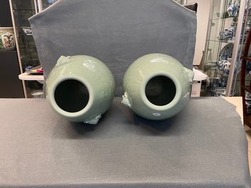 A pair of Chinese monochrome celadon vases, Qianlong mark, 19th C.