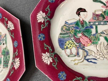 A pair of Chinese octagonal famille rose 'ruby border' plates, Yongzheng