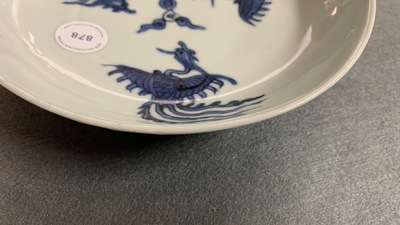 A Chinese blue and white 'Three phoenixes' dish, Longqing
