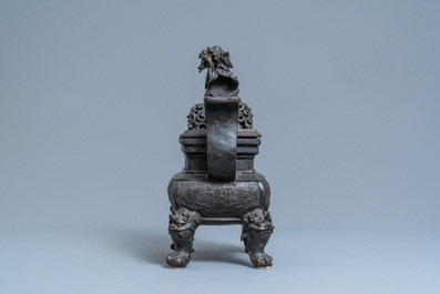 A large Chinese bronze censer and cover, Ming