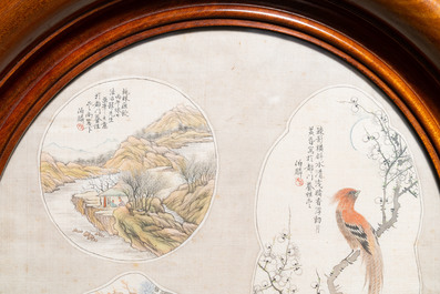 Chinese school, inkt en kleur op textiel voor een waaier: 'Vogels en een bergachtig landschap', 19/20e eeuw
