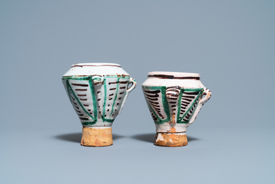 A pair of polychrome Spanish pottery mortars, 16/17th C.