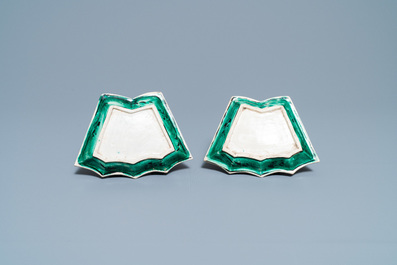 A pair of Chinese verte biscuit sweetmeat dishes, Kangxi