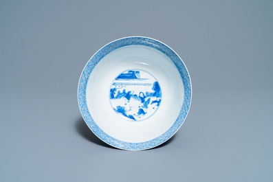 Un bol en porcelaine de Chine en bleu et blanc &agrave; d&eacute;cor de sc&egrave;nes du 'Xi Xiang Ji', marque et &eacute;poque de Kangxi