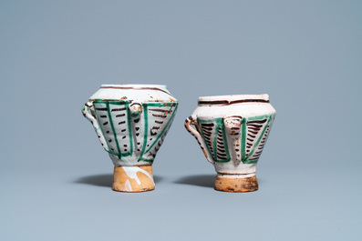 A pair of polychrome Spanish pottery mortars, 16/17th C.