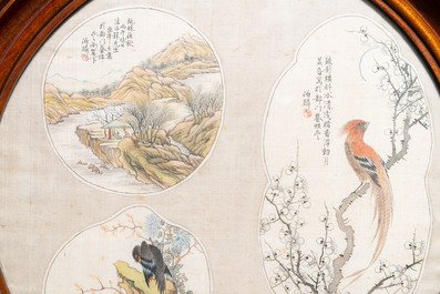 Ecole chinoise, encre et couleurs sur textile d'&eacute;ventail: 'Deux oiseaux et un paysage montagneux', 19/20&egrave;me