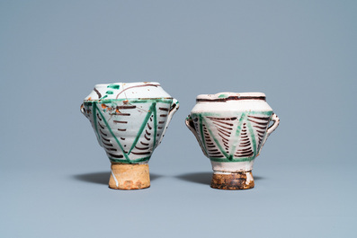 A pair of polychrome Spanish pottery mortars, 16/17th C.