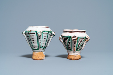 A pair of polychrome Spanish pottery mortars, 16/17th C.