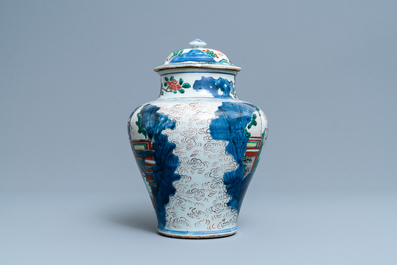 A Chinese wucai 'immortals' vase and cover, Shunzhi