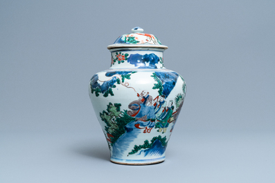 A Chinese wucai 'immortals' vase and cover, Shunzhi