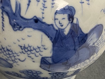 A Chinese blue and white double gourd vase with figures in a landscape, Transitional period