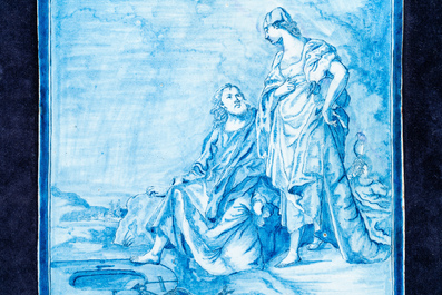 A rectangular Dutch Delft blue and white plaque with Christ meeting the Samaritan woman, dated 1767