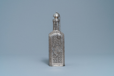 A reticulated Qajar silver flask with glass insert, Iran, 19th C.