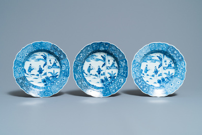 Six deep Chinese blue and white 'Xi Xiang Ji' plates, Qianlong